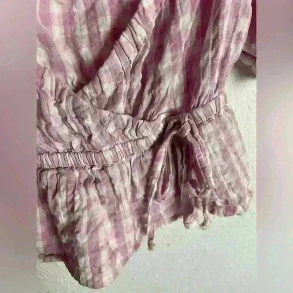 American Eagle Size Xs Wrap Babydoll Blouse Checkered Pink Cottage Linen Peasant - Picture 6 of 8